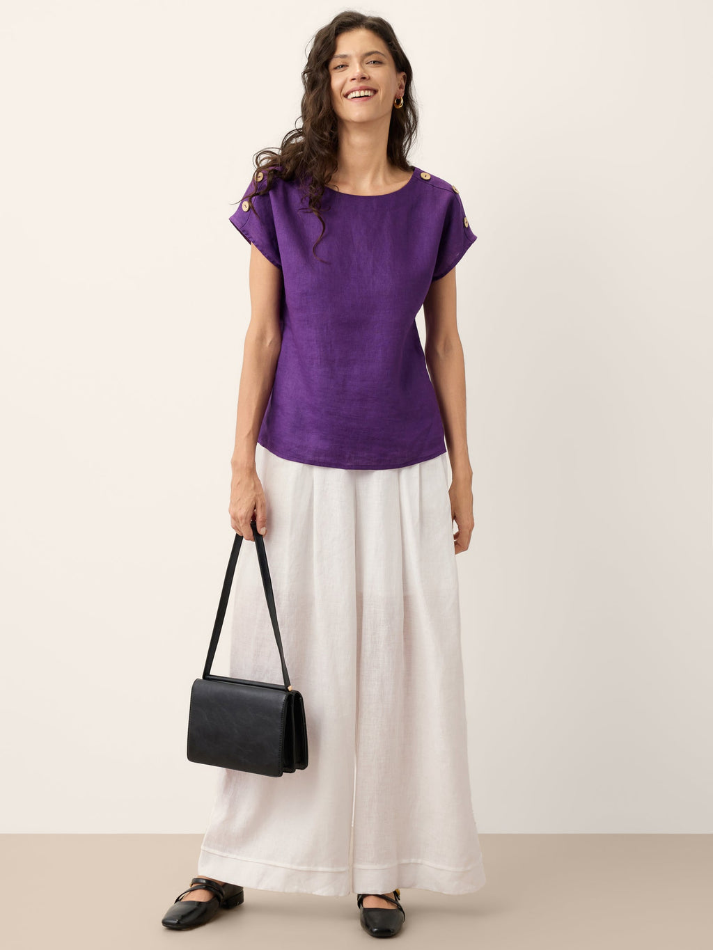 100% Linen Boat Neck Button Detail Top ISABELLE