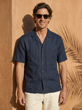 100% Linen Camp-Collar Elbow-Sleeve Shirt HENRY
