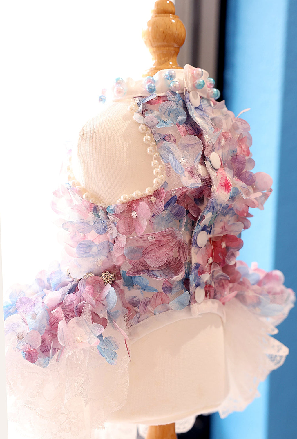 Handmade Pastel Floral Pet Dress with Pearl Collar & Lace Tutu - Party Outfit