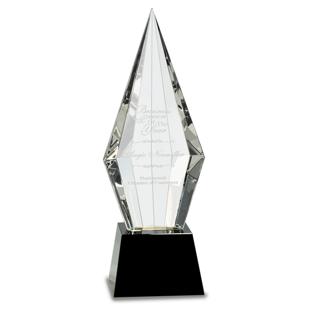 11 Obelisk Facet Optic Crystal On Black Pedestal Base