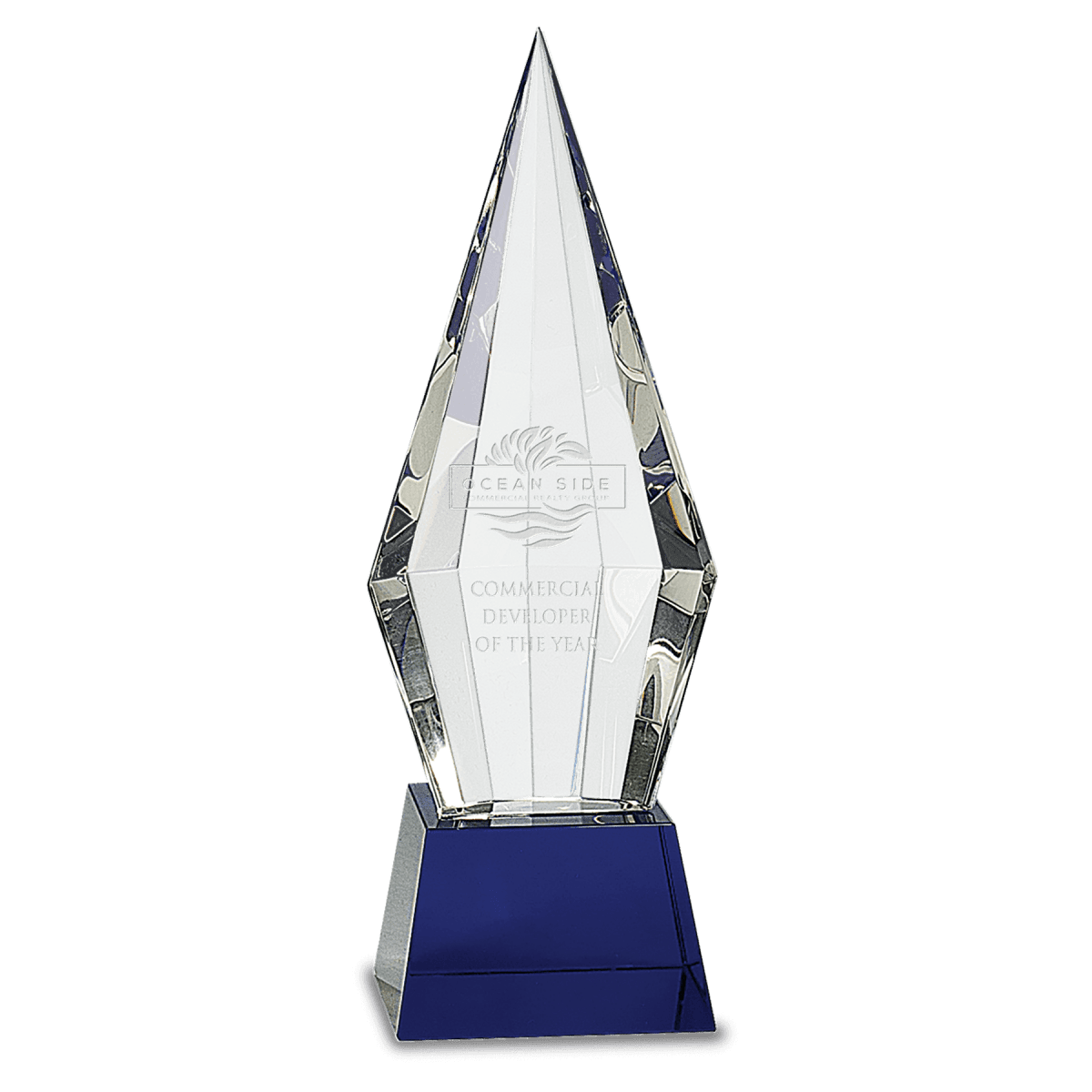 11 Obelisk Facet Optic Crystal On Blue Pedestal Base