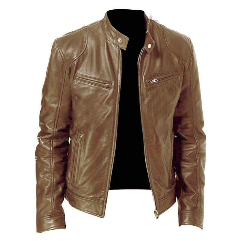 Men's Zip-up Cardigan PU Leather Jacket Fashion Pockets Stand Collar Short Tops Clothing