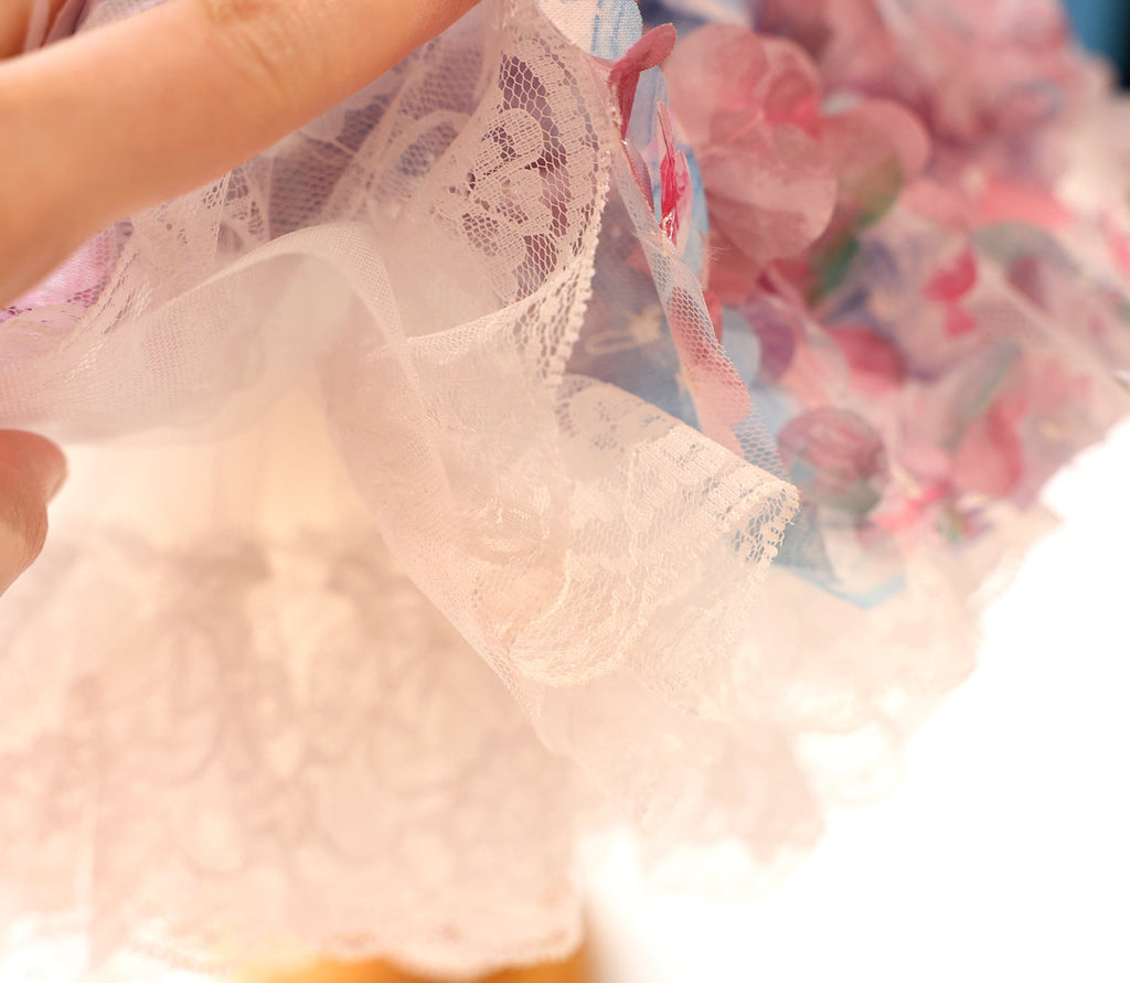 Handmade Pastel Floral Pet Dress with Pearl Collar & Lace Tutu - Party Outfit