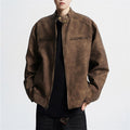 Vintage Brown Motorcycle Leather Autumn Merard Stand-up Collar Distressed Coat