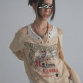 Vintage Print Off Shoulder Long Sleeve T-Shirt