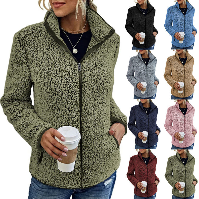 Fall Winter Warm Sweatshirt Stand Collar Solid Color Top Sweater Women's Casual Fashion Long Sleeve Zipper Bubble Velvet Coat Tops