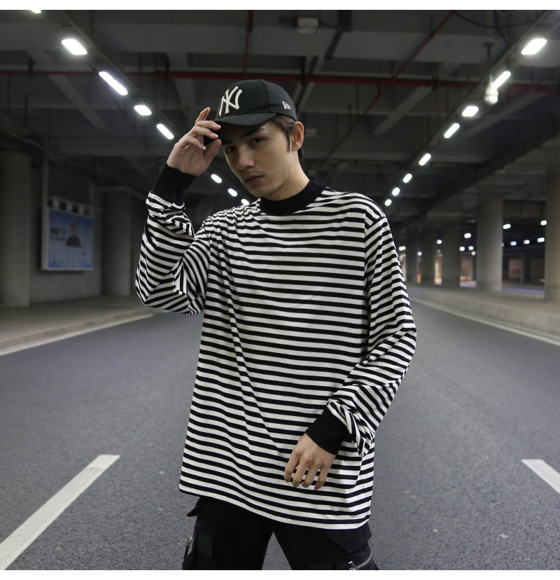 Oversized Striped T-Shirt with Ribbed Collar