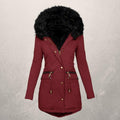 Medium Length Hooded Cotton Padded Jacket with Wool Collar
