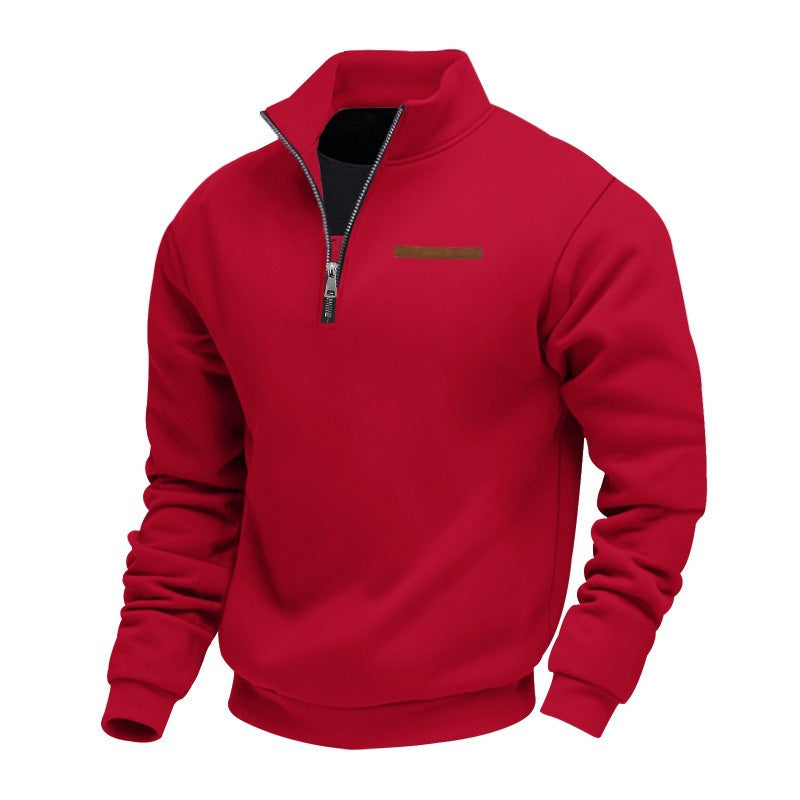 Fleece-lined Mid-length Zip-up Loose-fit Stand-up Collar Casual Hoodie