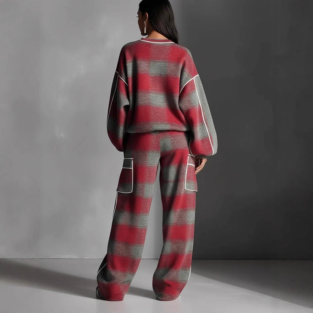 Women's Independent Brand Street Style Distressed Plaid Pantsuit With Contrasting Piping