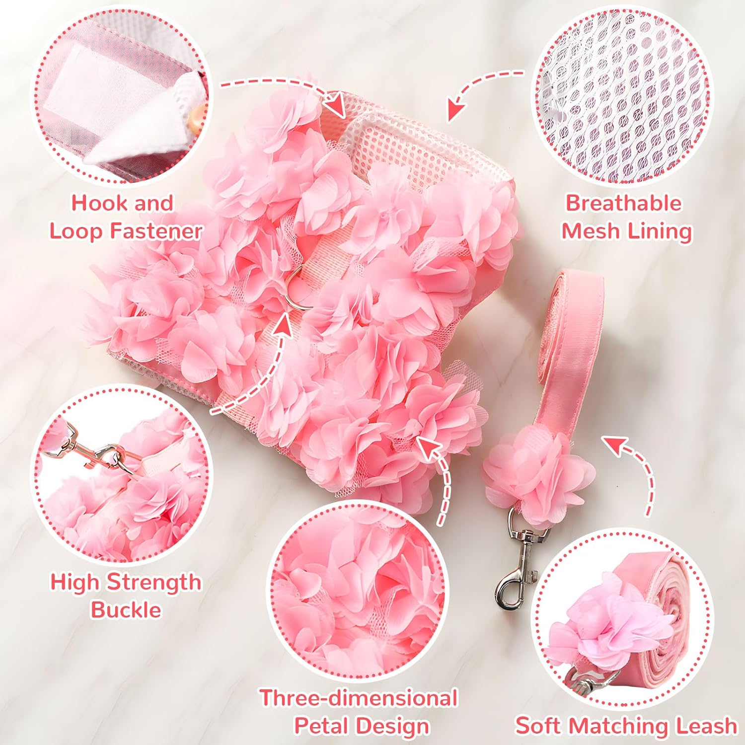 Luxury Floral Dog Harness and Leash Set – 3D Petal Puppy Vest Harness for Small Dogs & Cats