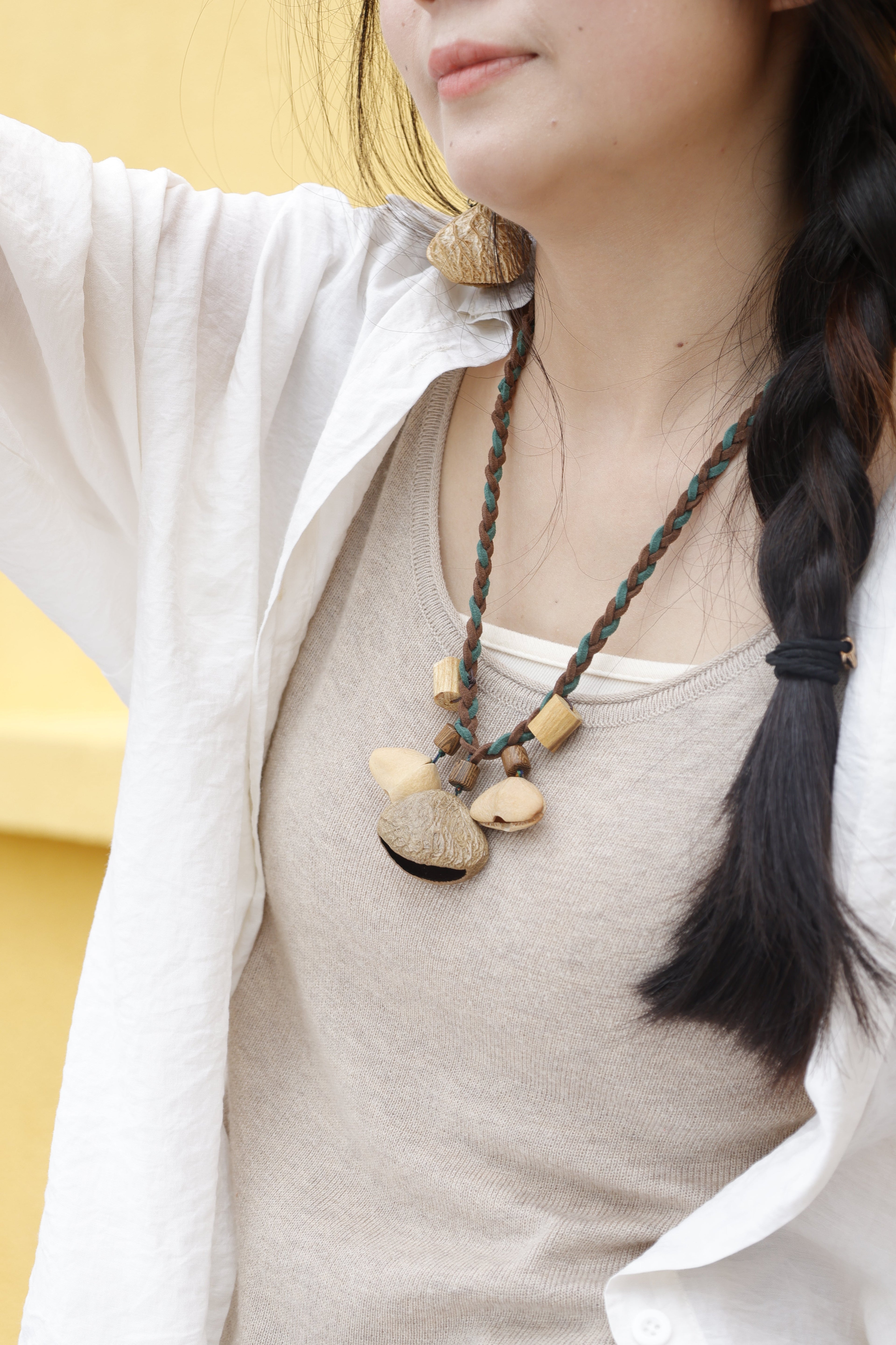 "The Woodland Trio" - Natural Seed Pod Necklace with Brown & Teal Braided Cord