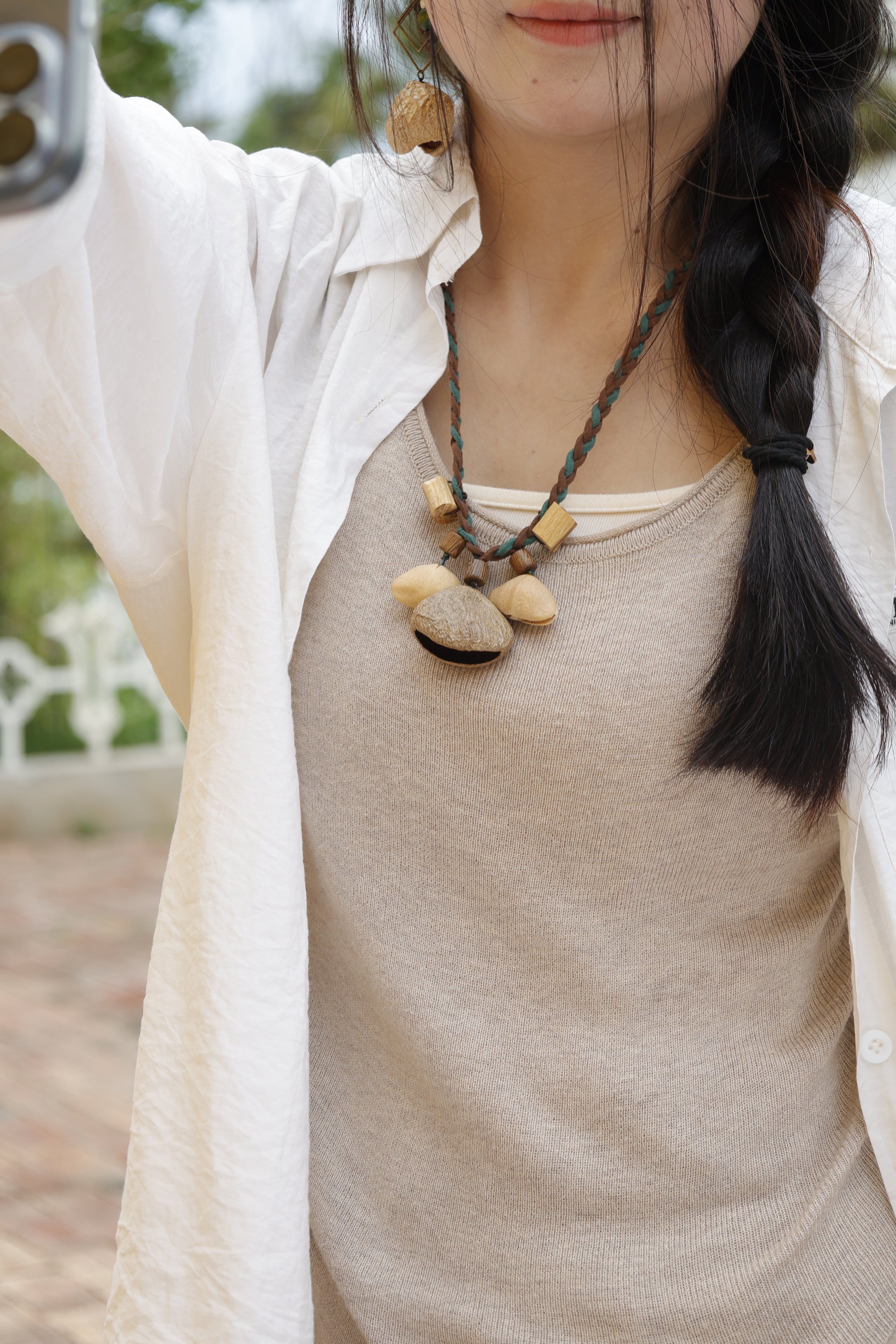 "The Woodland Trio" - Natural Seed Pod Necklace with Brown & Teal Braided Cord
