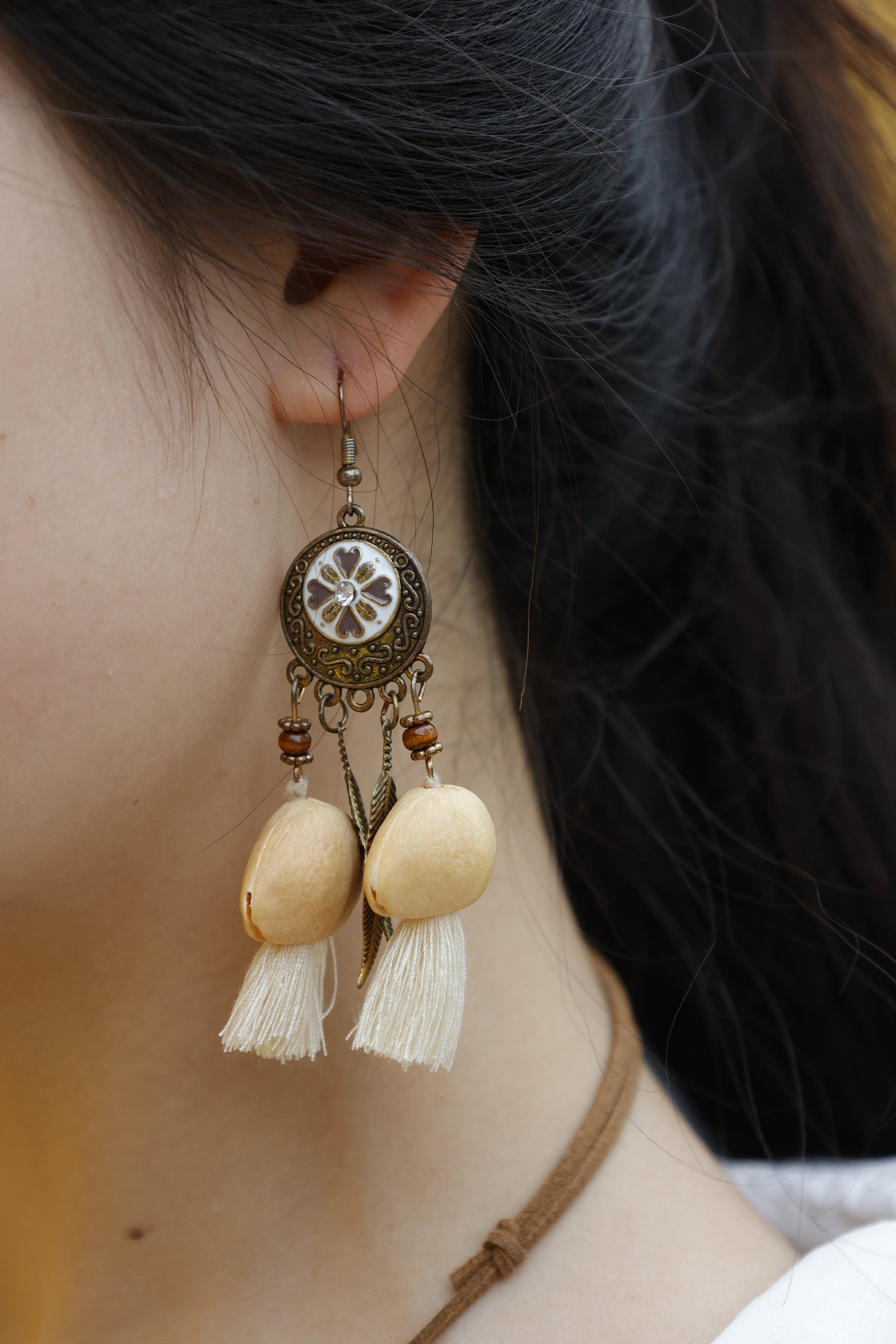 "The Vintage Blossom" - Antique Style Floral Earrings with Natural Seeds & Tassels