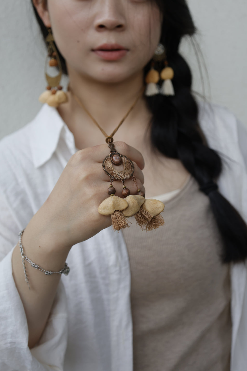 "The Sunset Weaver" - Bronze Woven Mandala Necklace with Natural Seeds & Brown Tassels