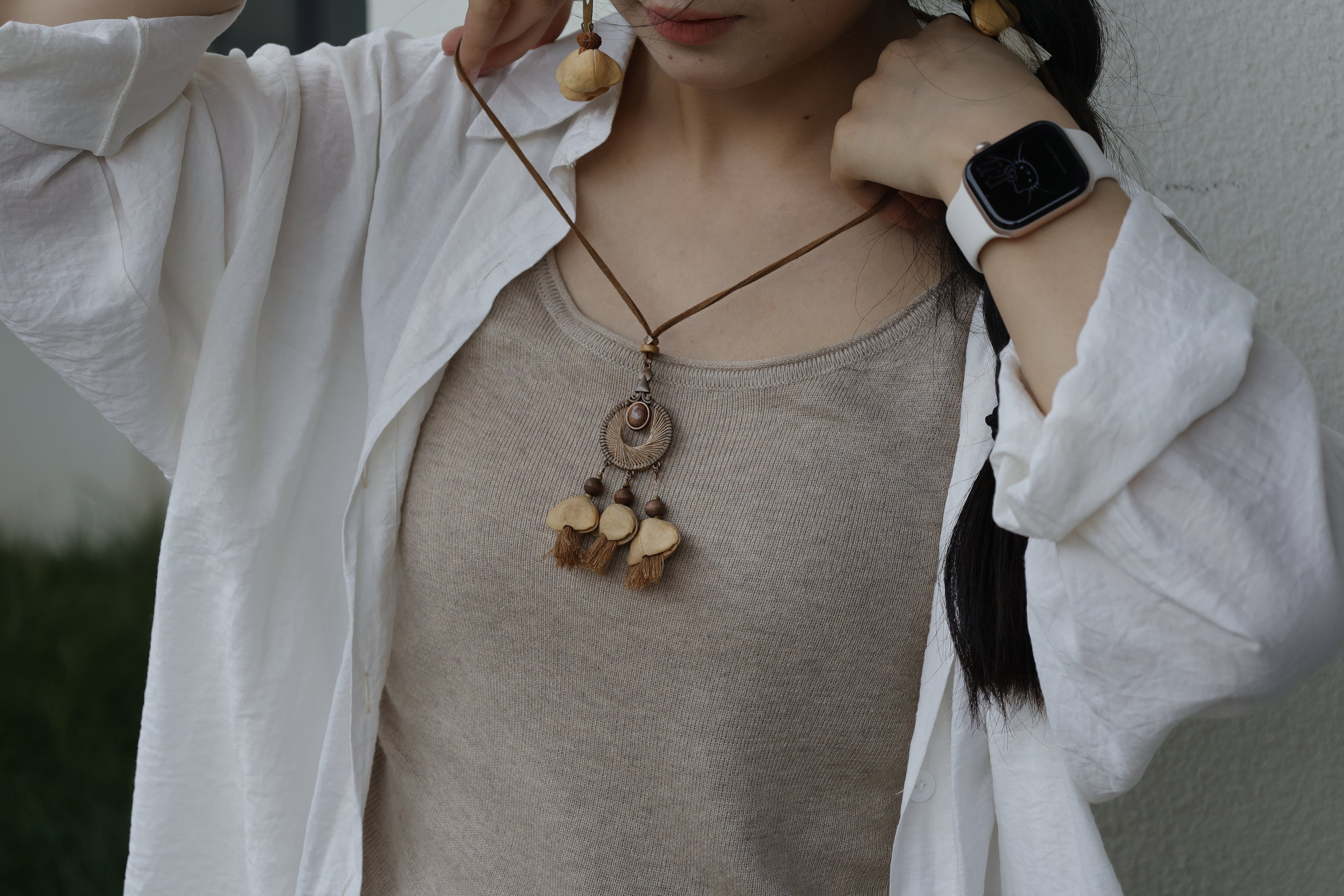 "The Sunset Weaver" - Bronze Woven Mandala Necklace with Natural Seeds & Brown Tassels
