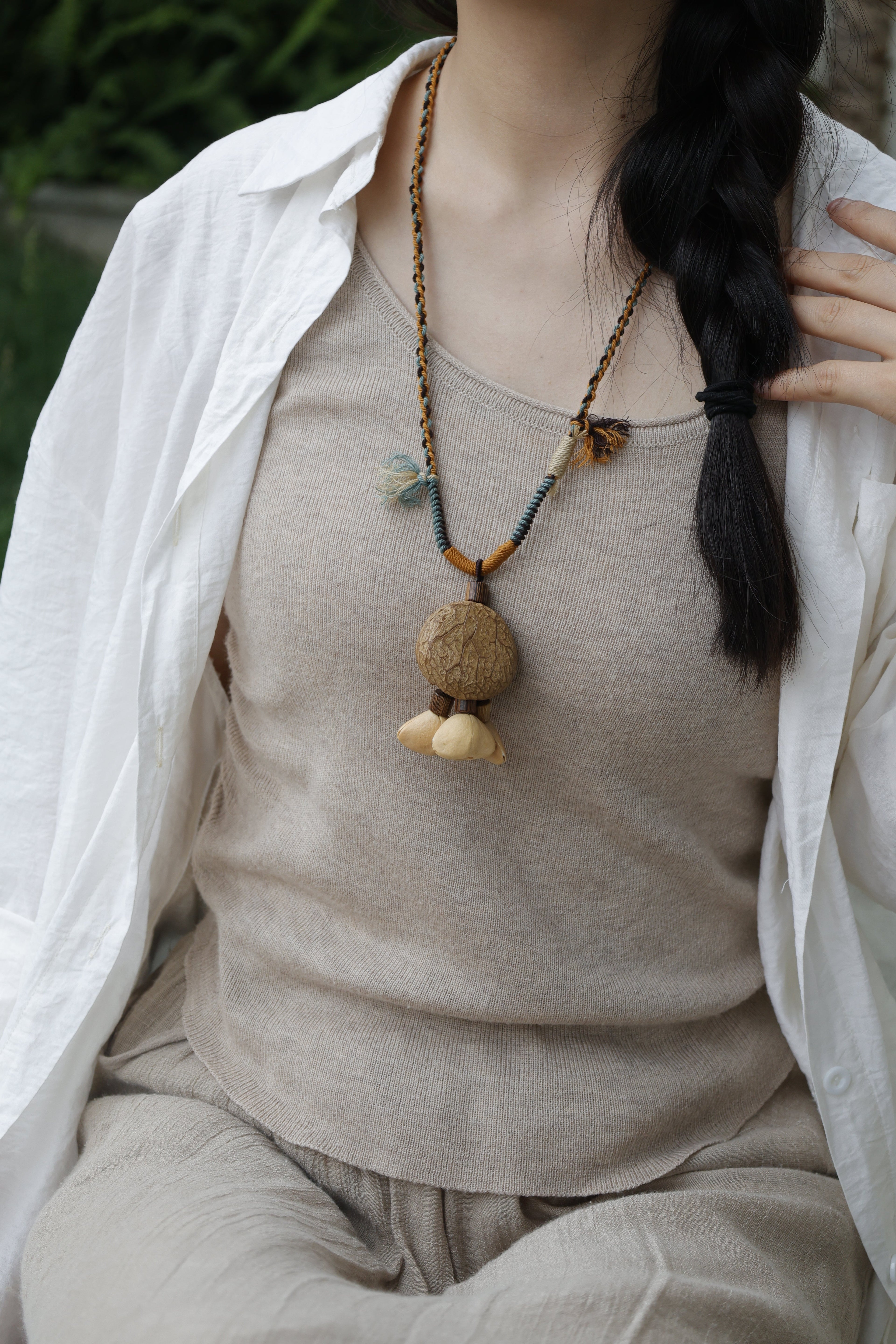 "The Forest Traveler" - Large Seed Pod Necklace with Mustard Wrapped Cord & Blue Tassel