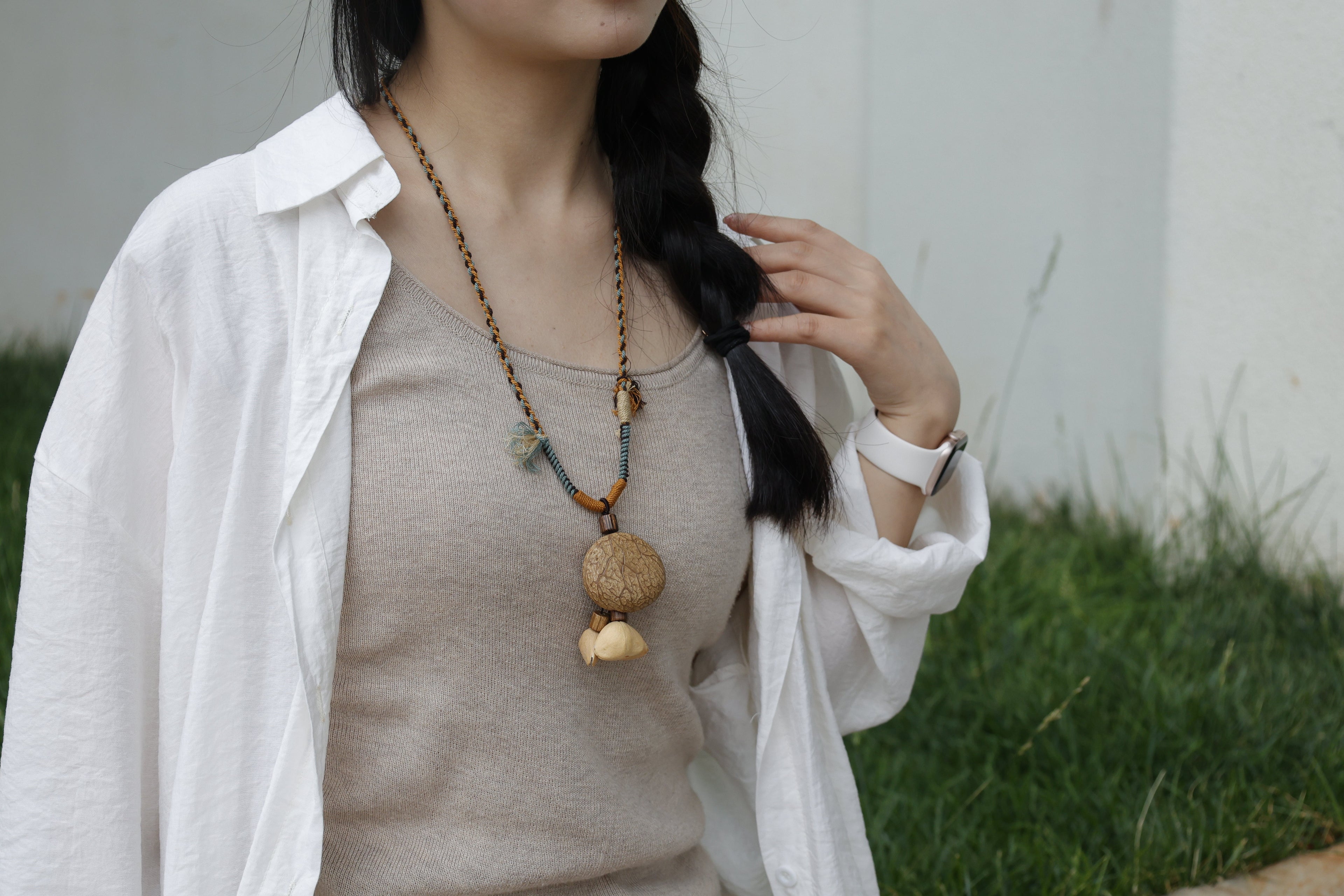 "The Forest Traveler" - Large Seed Pod Necklace with Mustard Wrapped Cord & Blue Tassel