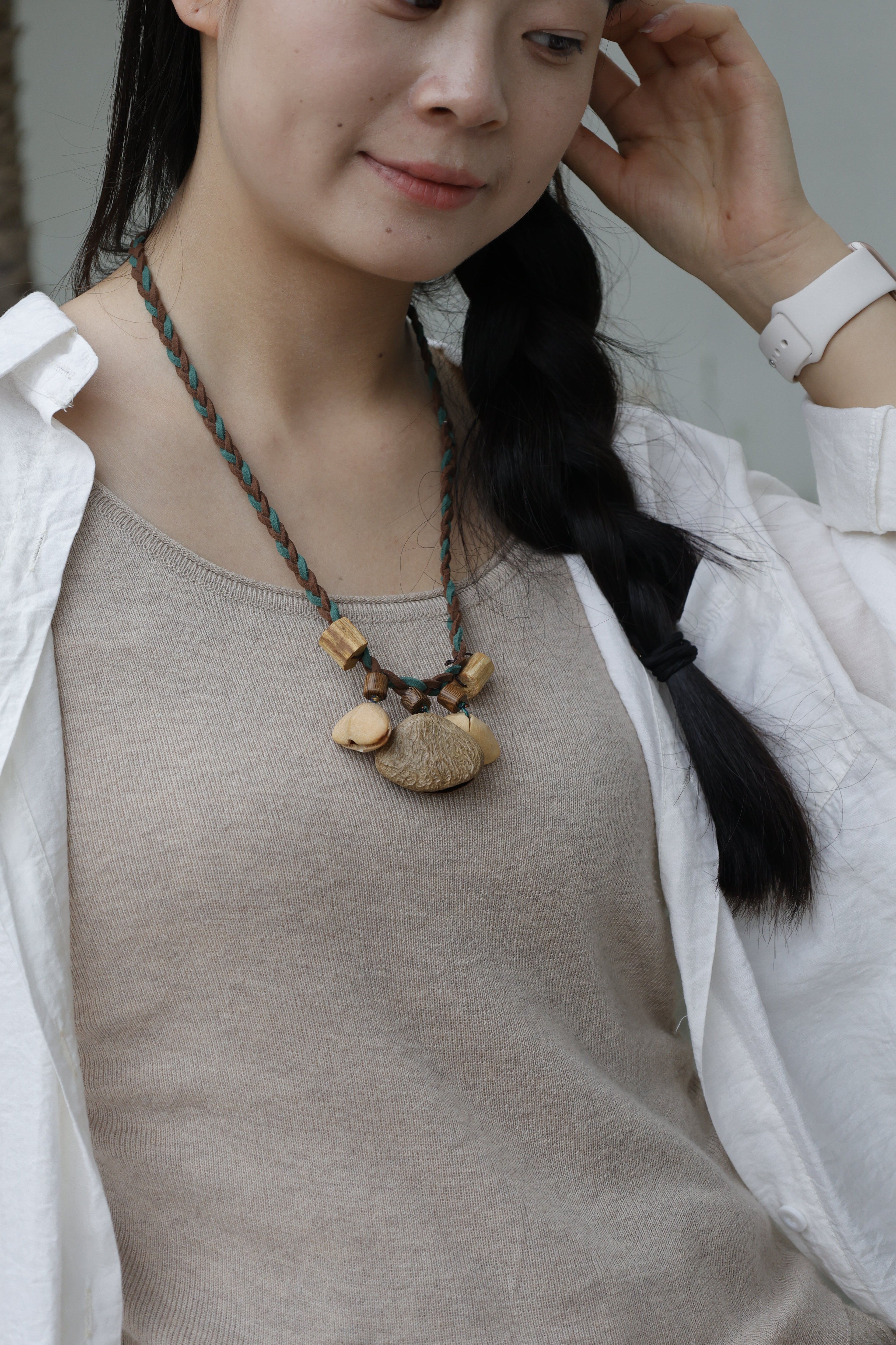 "The Forest Harmony" - Natural Seed Pod Necklace with Cylinder Wood Beads & Teal Braid