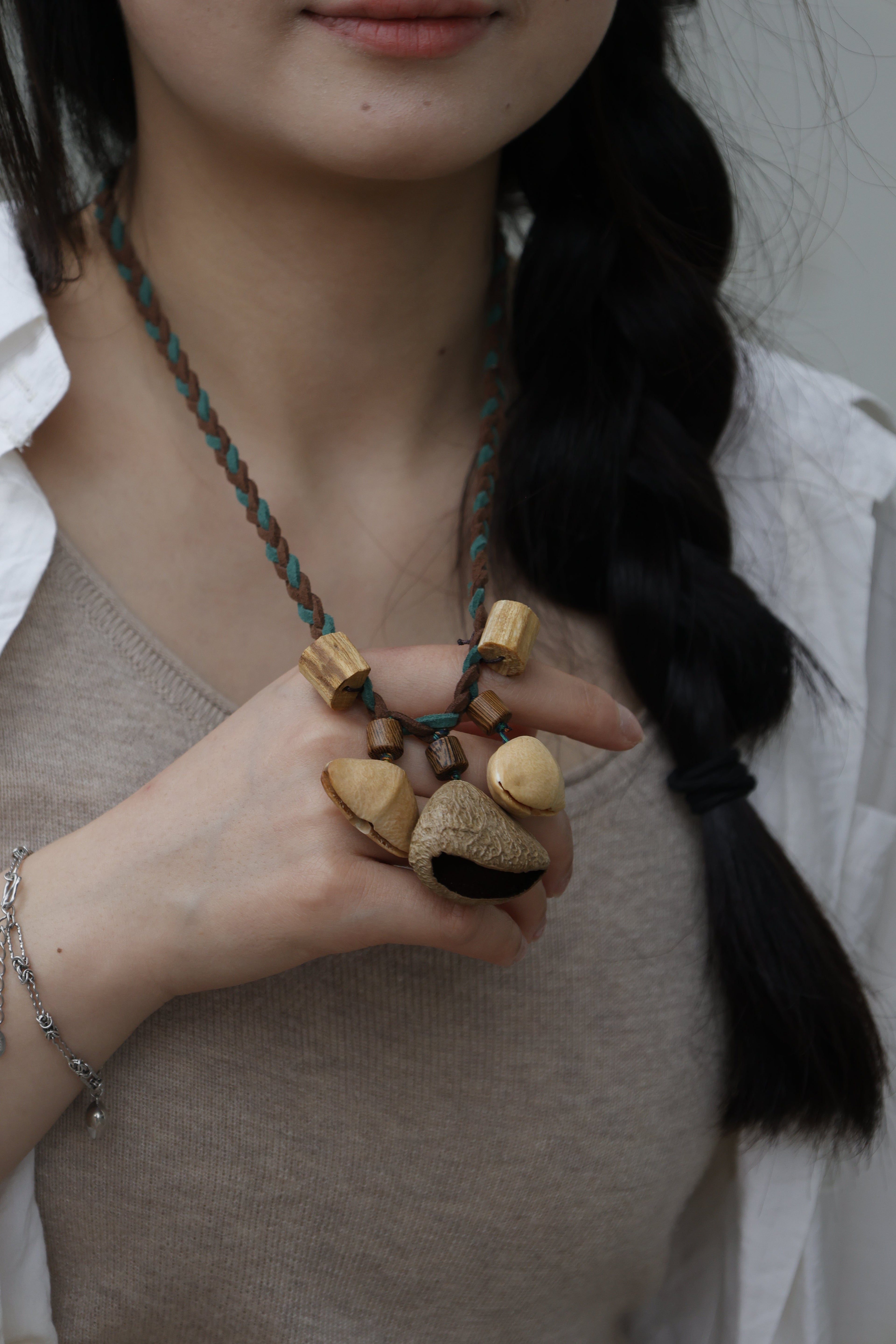 "The Forest Harmony" - Natural Seed Pod Necklace with Cylinder Wood Beads & Teal Braid
