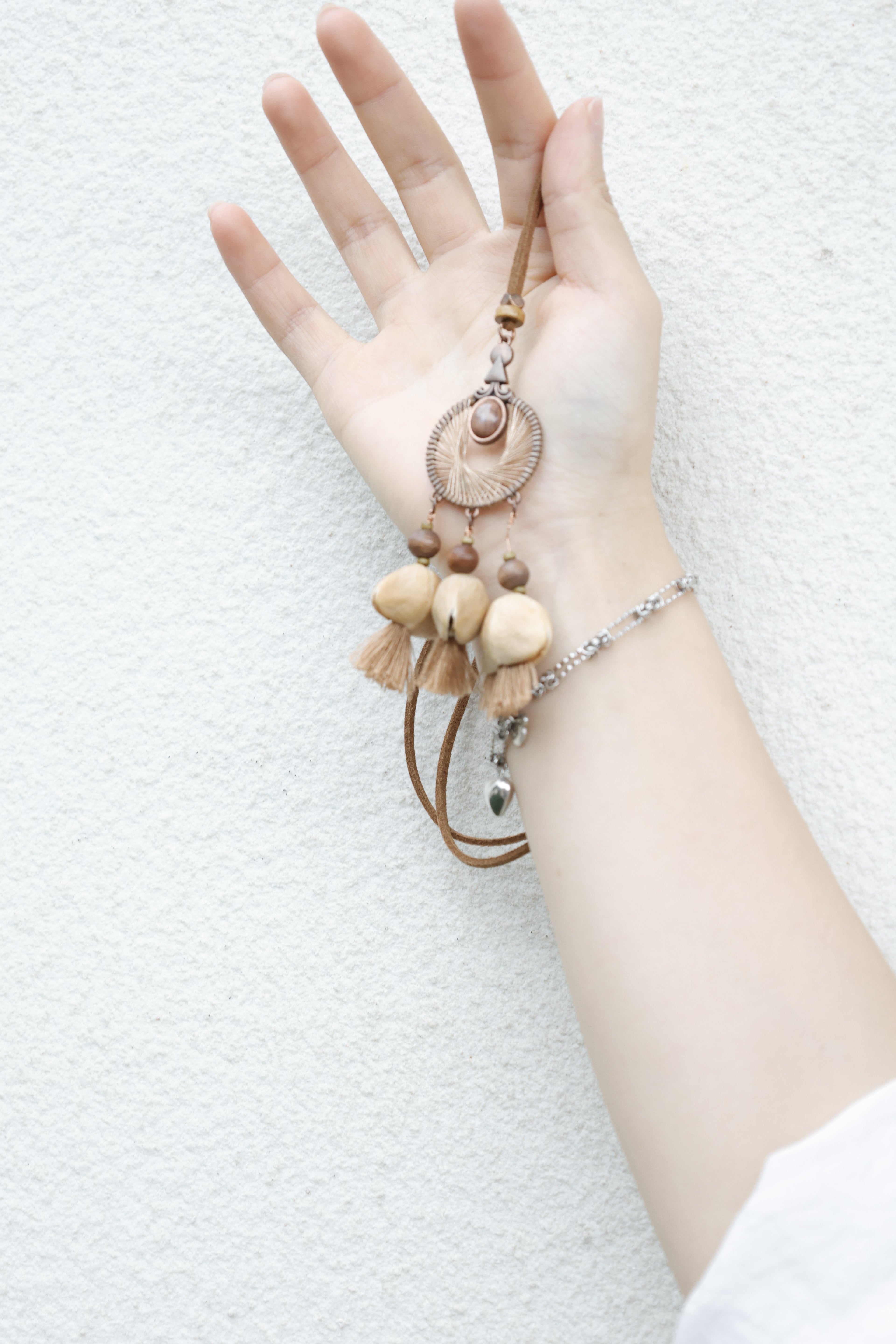 "The Bronze Dreamer" - Spiral Woven Mandala Pendant with Natural Seeds & Latte Tassels