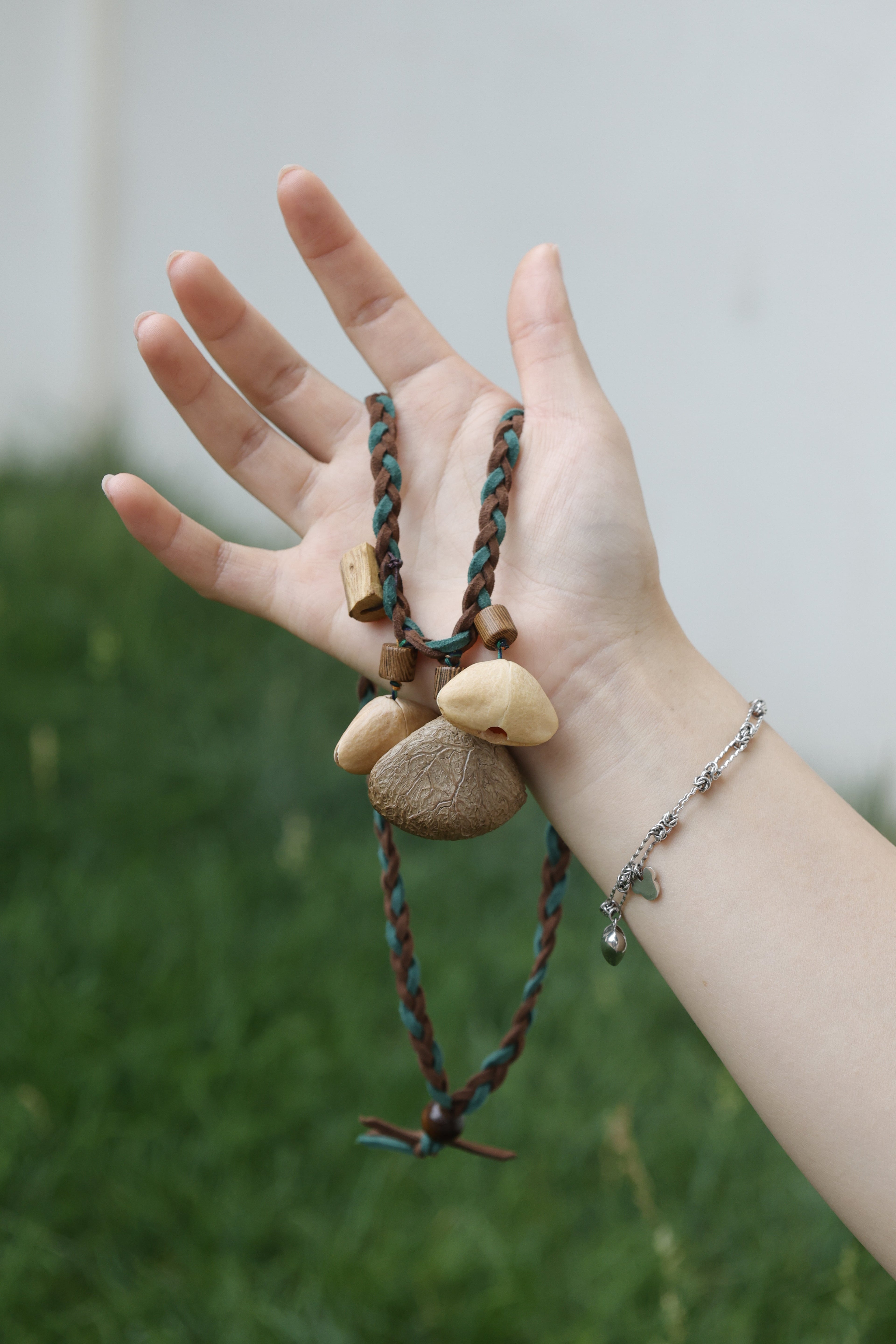 "The Woodland Braid" - Mixed Suede & Teal Cord Woven Necklace with Geometric Wood Beads