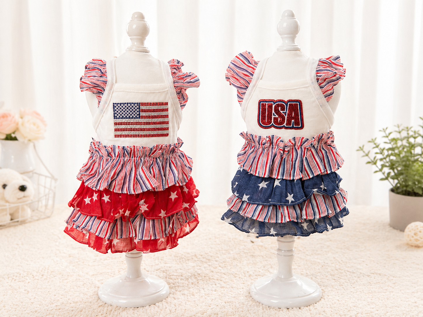 Patriotic Dog Dress USA Flag Ruffle Dress – Red White Blue Puppy Outfit for 4th of July