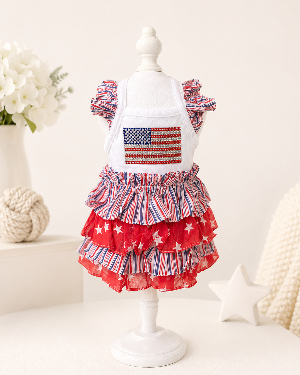 Patriotic Dog Dress USA Flag Ruffle Dress – Red White Blue Puppy Outfit for 4th of July
