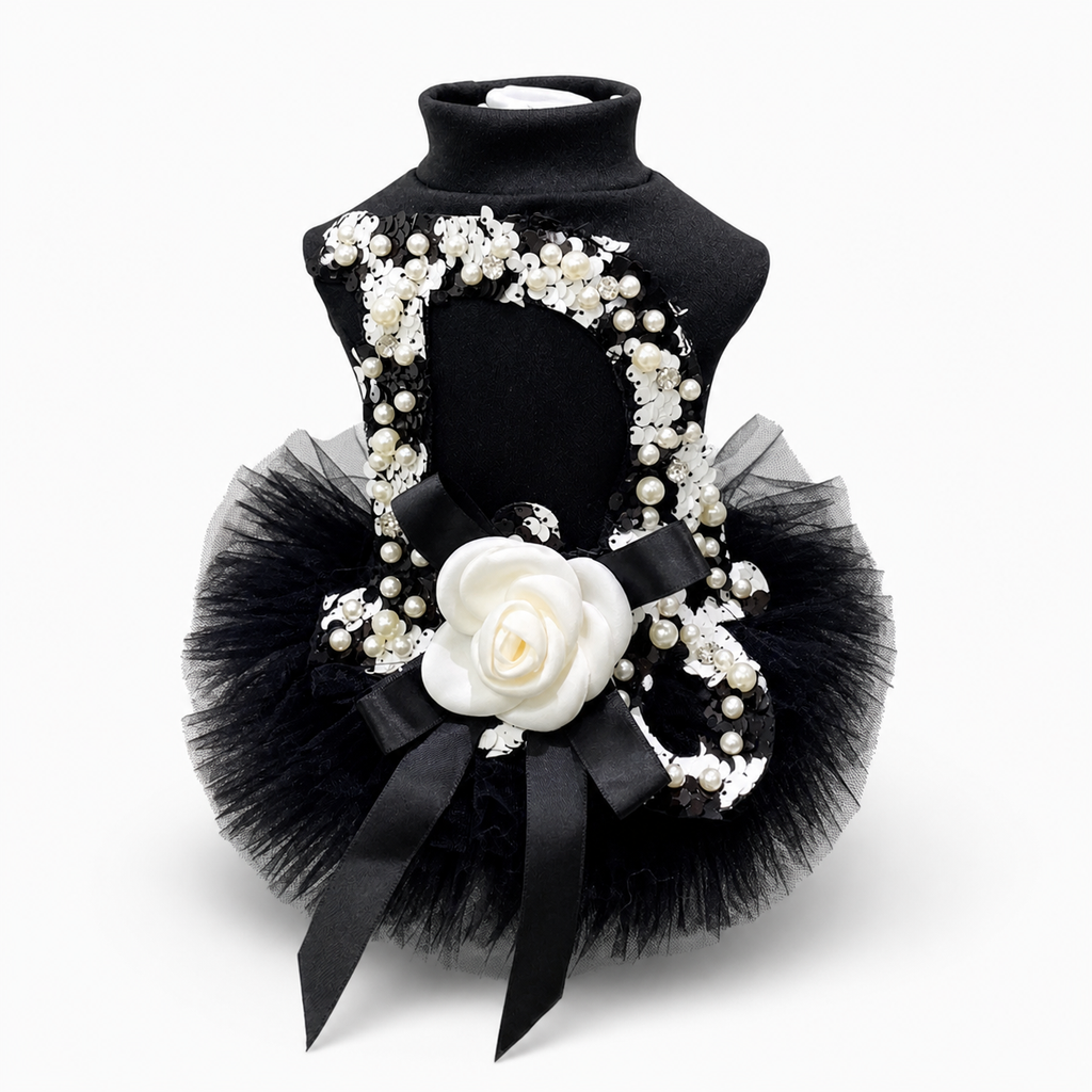 Luxury Black Pearl Dog Dress Elegant Tulle Pet Dress Tutu with Flower Accent