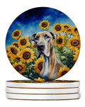 Great Dane in Sunflowers Large Sandstone Coasters Pack of 4-0