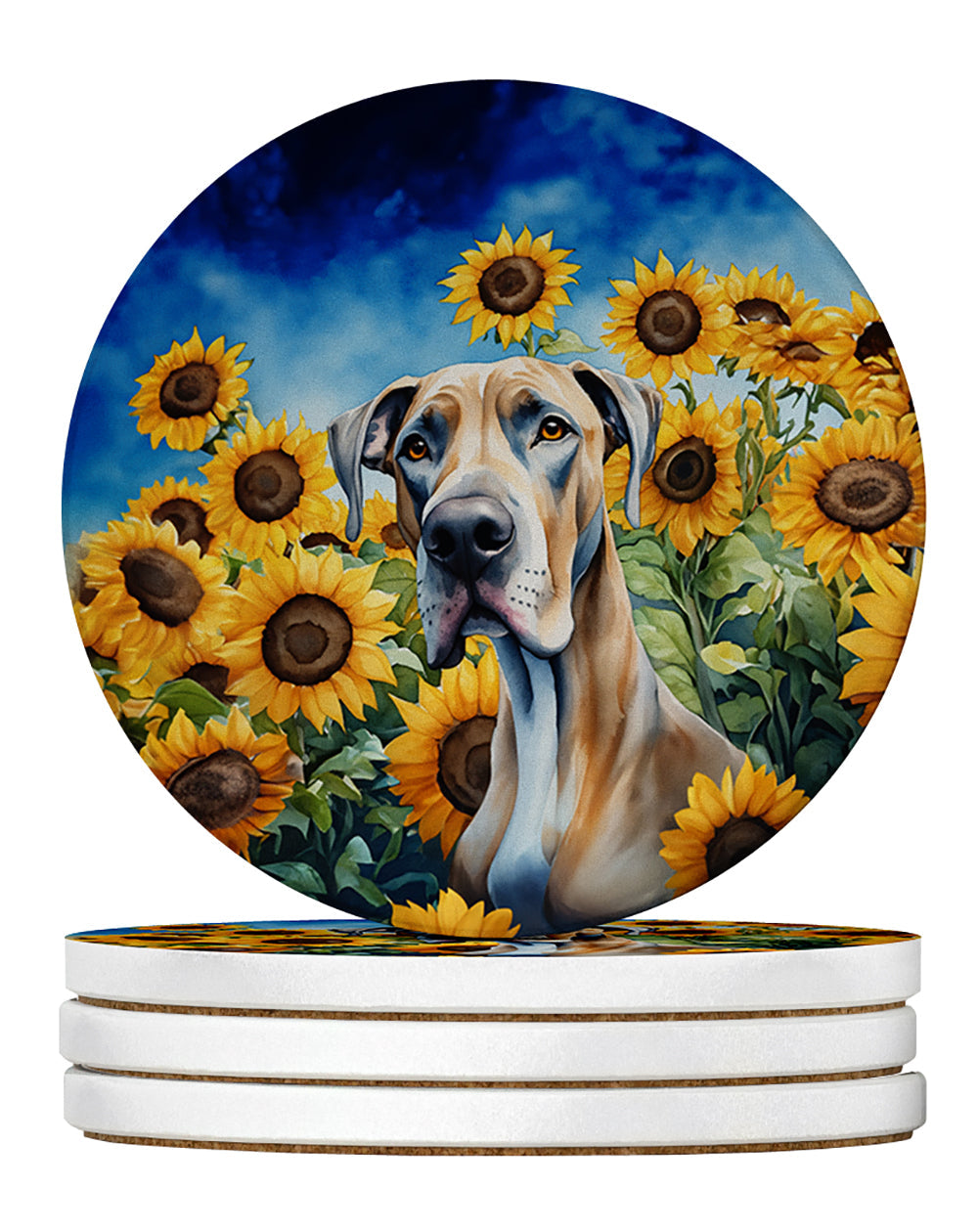 Great Dane in Sunflowers Large Sandstone Coasters Pack of 4-0