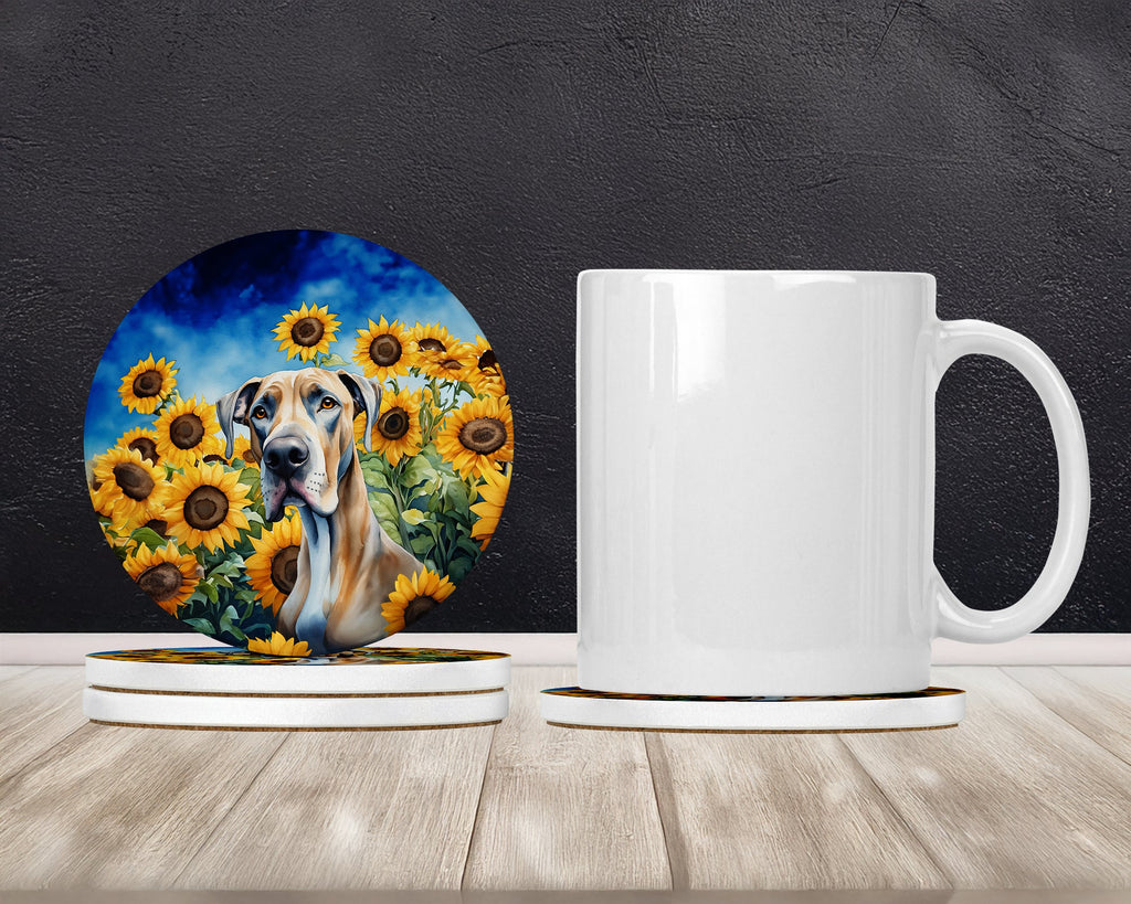 Great Dane in Sunflowers Large Sandstone Coasters Pack of 4-1