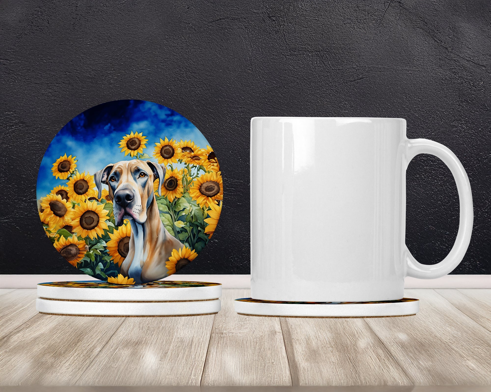 Great Dane in Sunflowers Large Sandstone Coasters Pack of 4-1