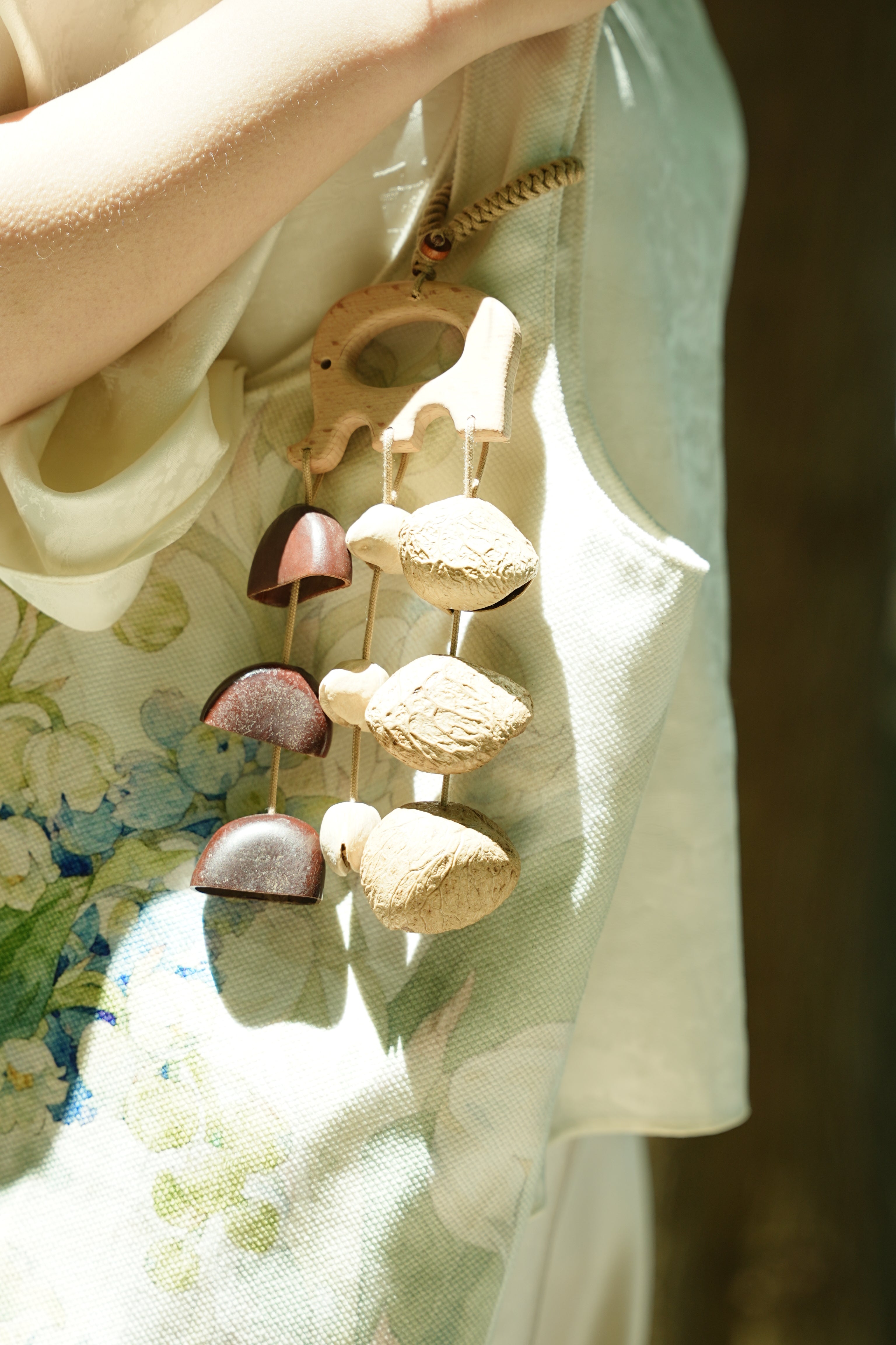 "The Wooden Elephant Chime" - Carved Wood Bag Charm & Mini Mobile