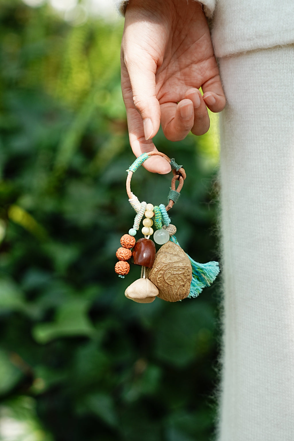 "The Mint Breeze" - Hand-Wrapped Tassel Charm with Rudraksha & Jade-Tone Bead