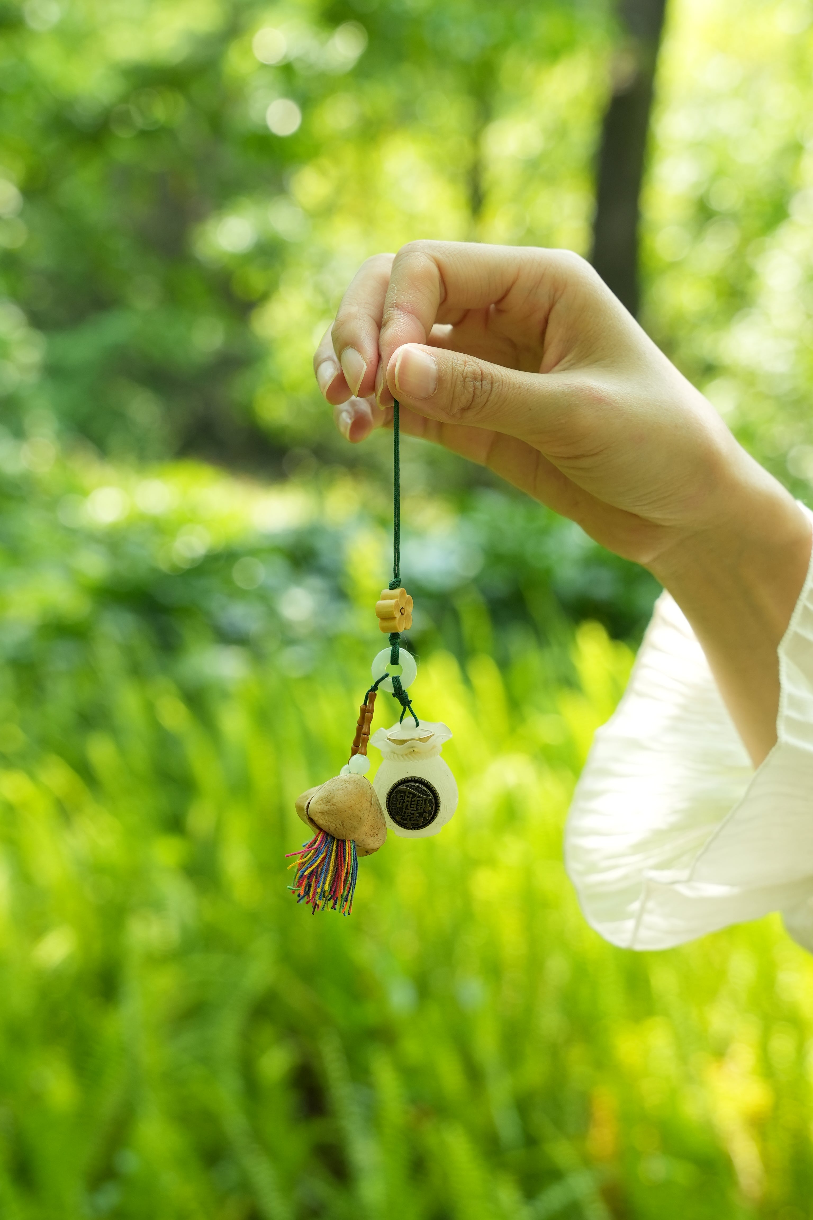 "The Fortune Pouch" - White Bodhi Style Money Bag Charm with Coin & Colorful Tassel