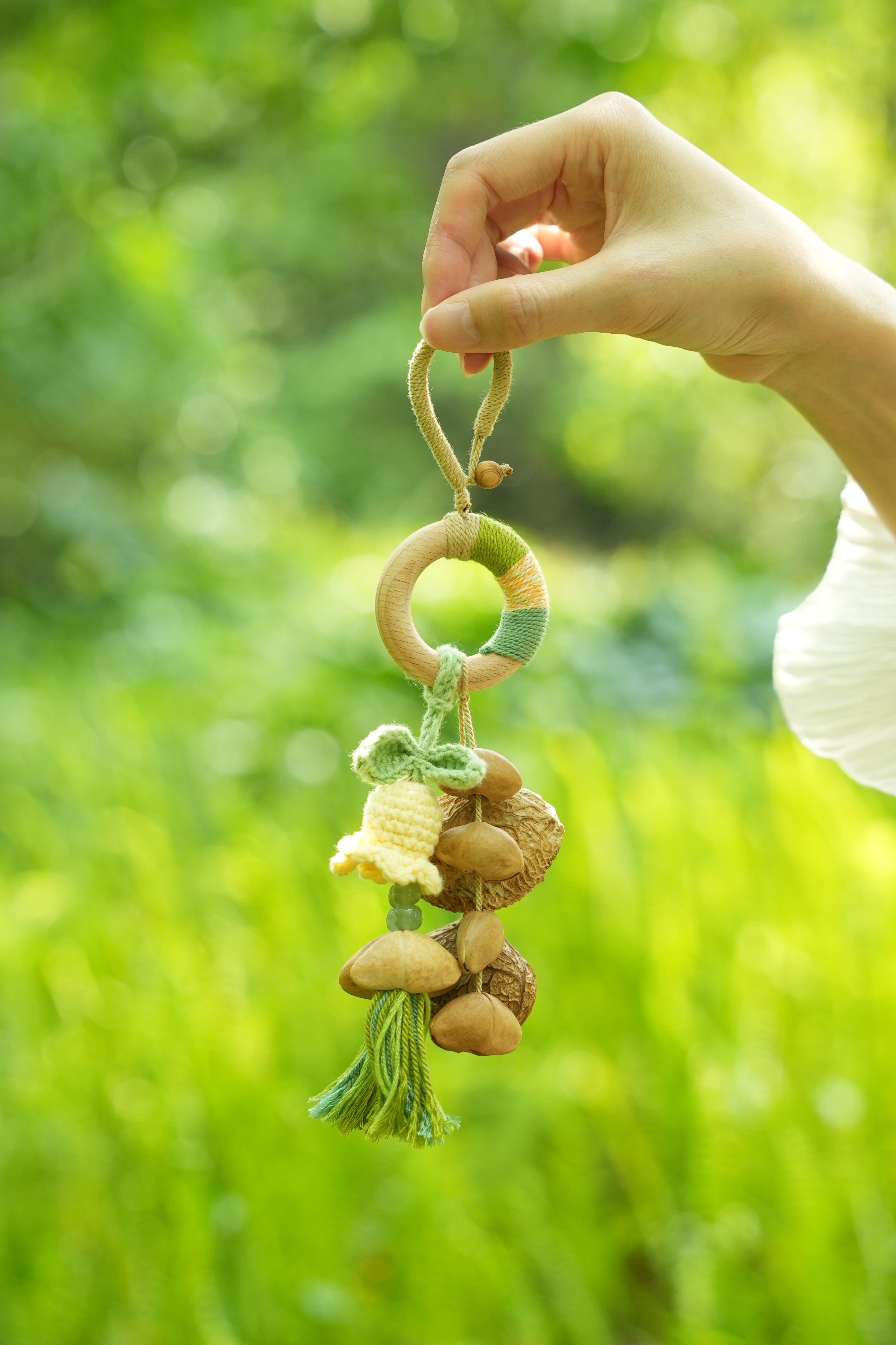 "The Spring Blossom Hoop" - Yarn-Wrapped Wood Ring Charm with Crocheted Flower & Seeds