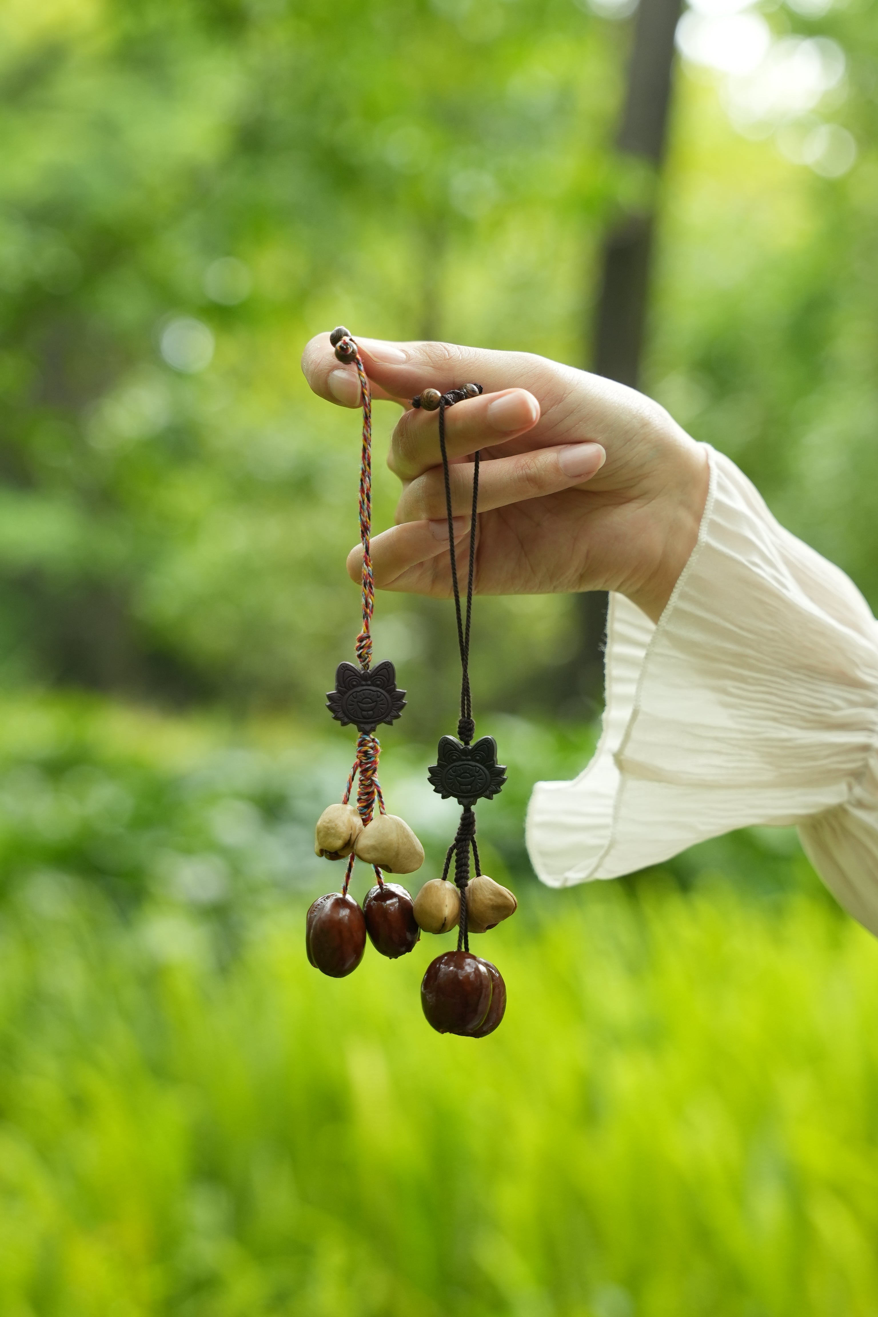 "The Brave Tiger Guardian" - Folk Art Tiger Head Charm with Colorful Cord & Seeds