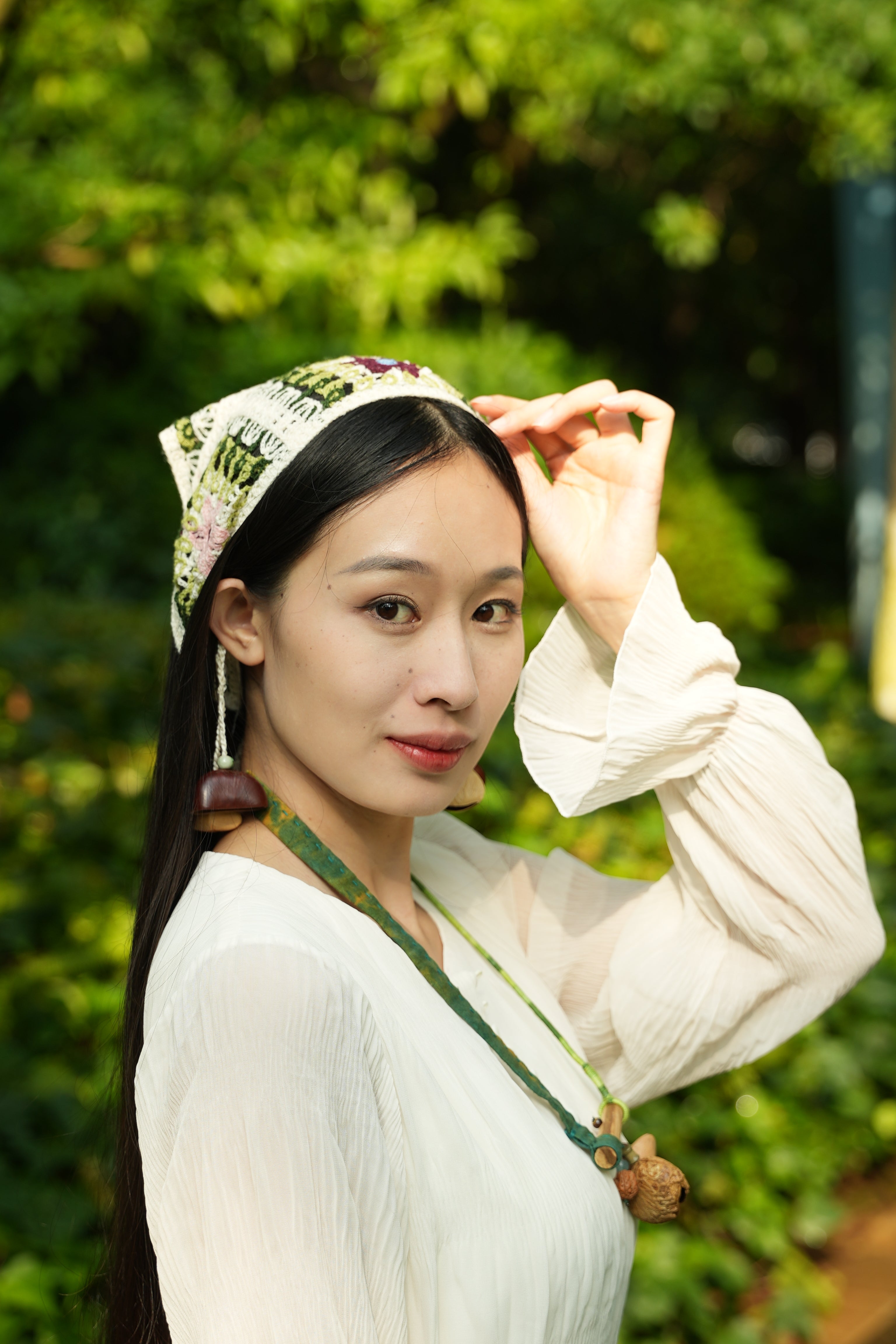 "The Strawberry Garden" - Hand-Crocheted Cottagecore Bandana with Strawberry Motif & Seed Charms