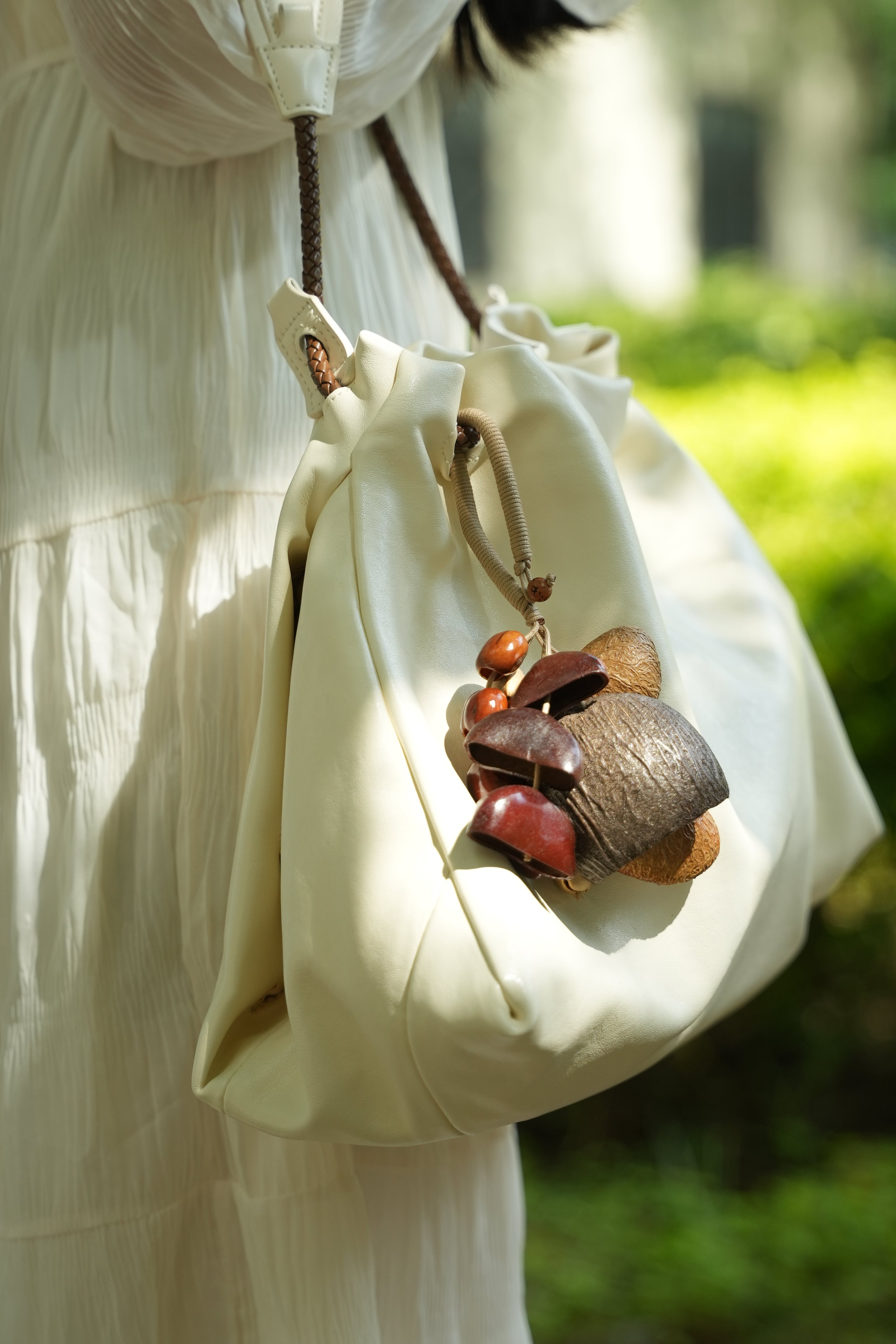 "The Forest Bell" - Mixed Natural Seed Cluster Charm with Beige Wrapped Handle