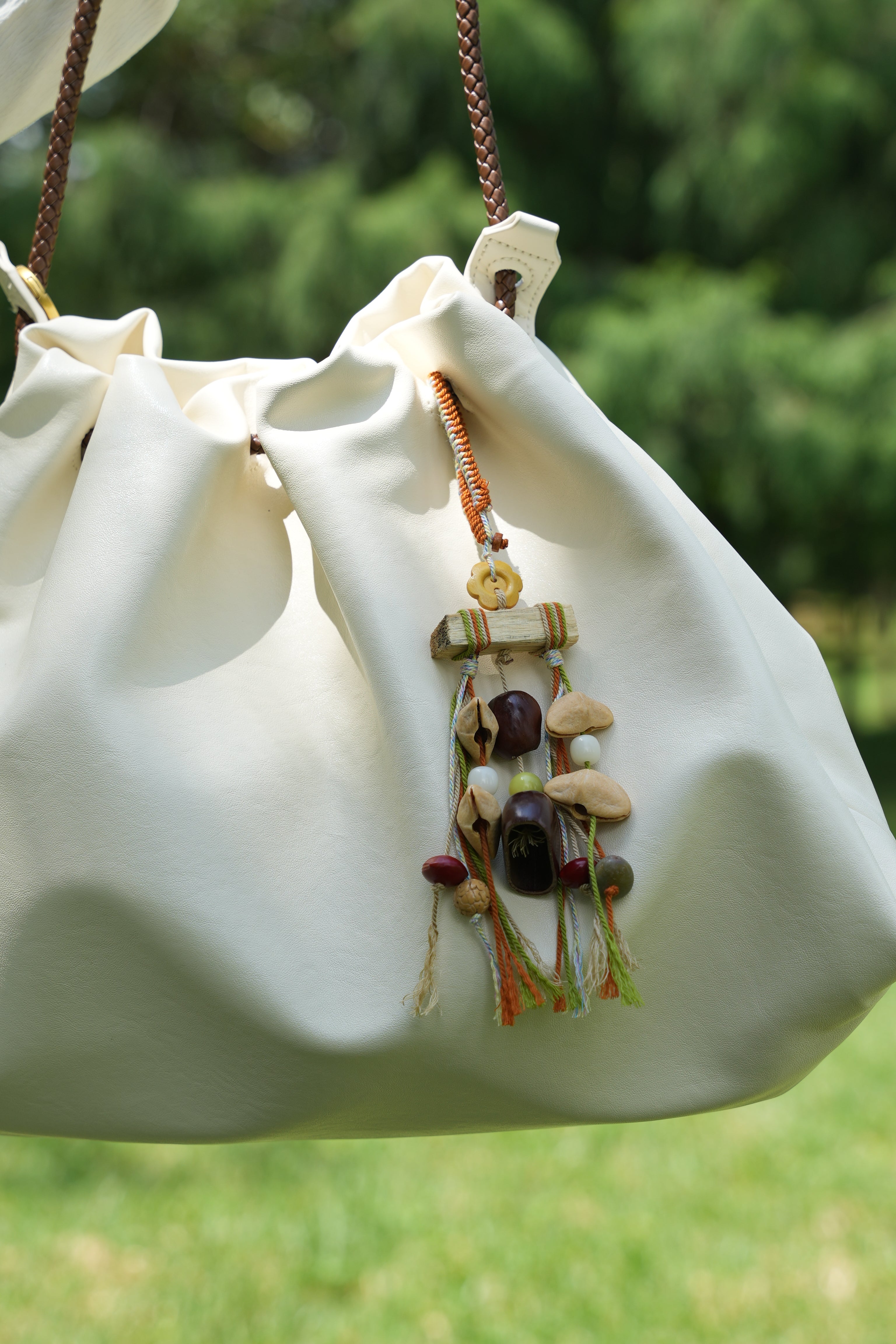 "The Autumn Mobile" - Wood Branch Charm with Flower Button & Fringe Tassels