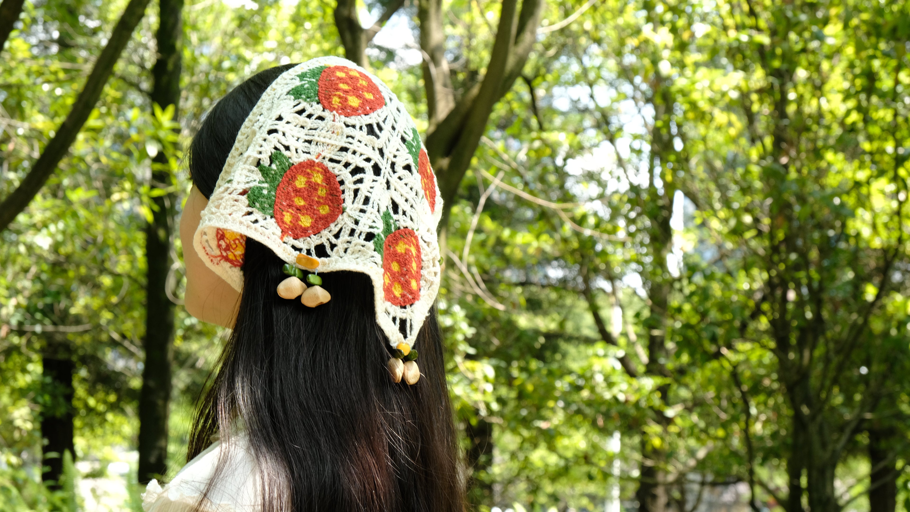 "The Strawberry Garden" - Hand-Crocheted Cottagecore Bandana with Strawberry Motif & Seed Charms