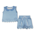 Sleeveless light blue plaid scallop top shorts girls outfits
