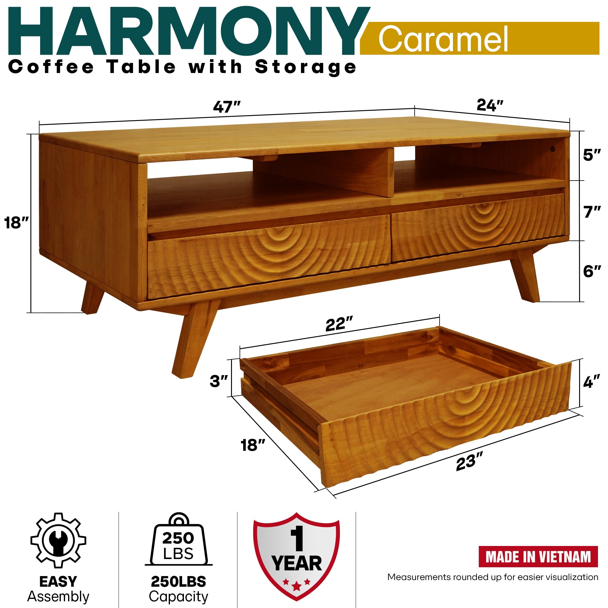 Acacia Harmony Wooden Coffee Table with Drawers & Open Storage