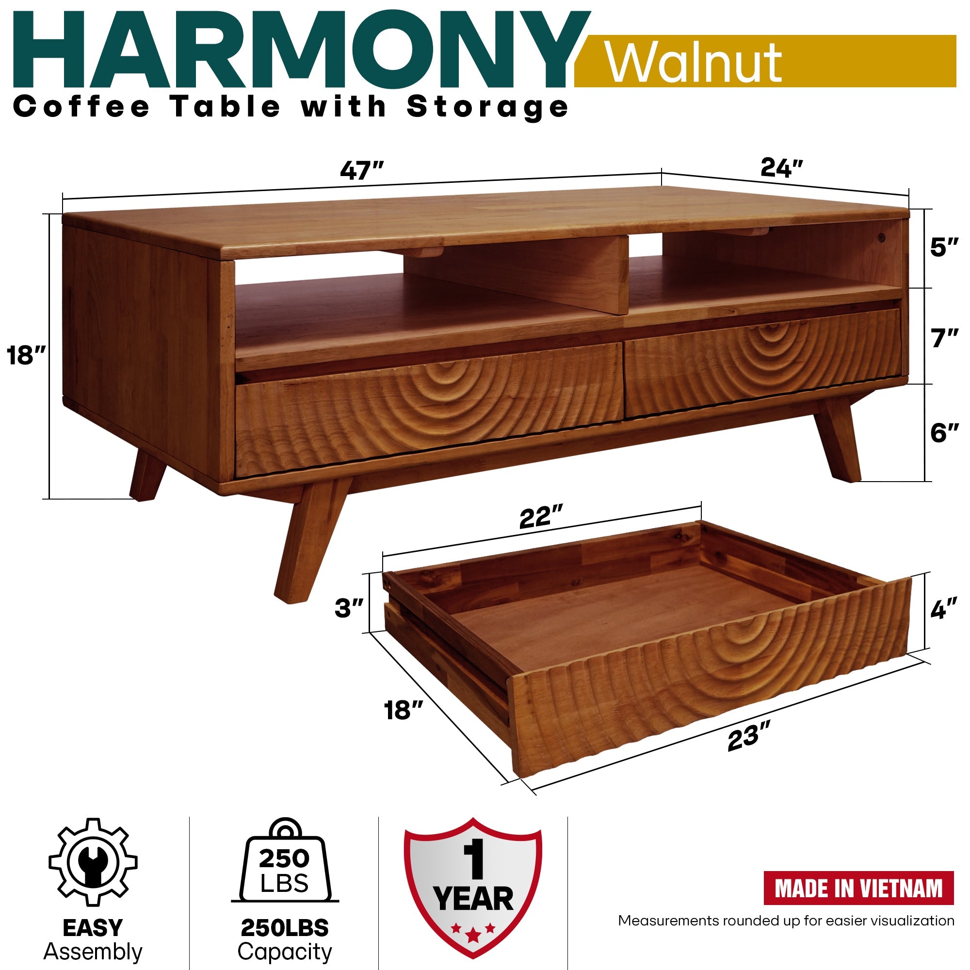 Acacia Harmony Wooden Coffee Table with Drawers & Open Storage