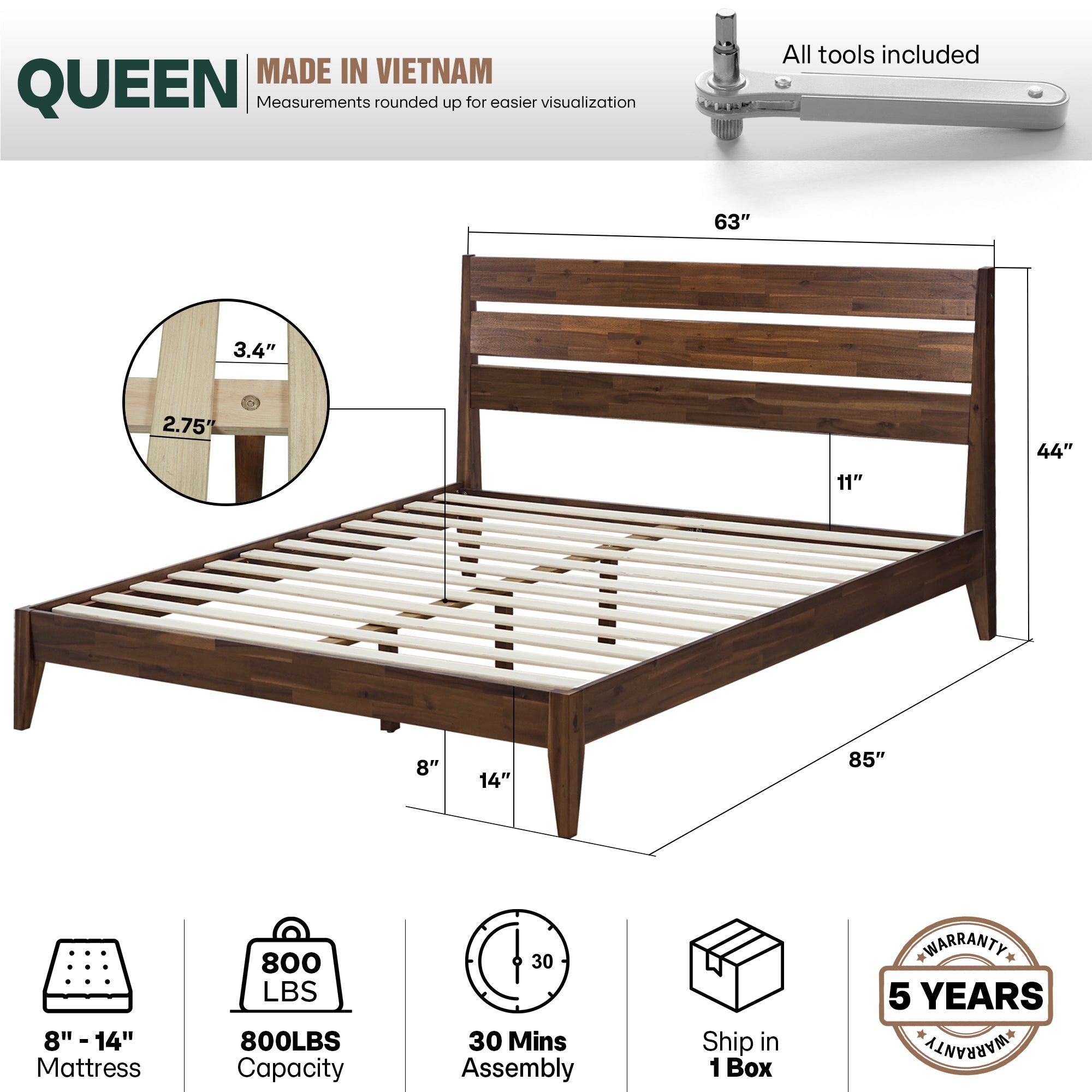 Acacia Emery Solid Wood Bed Frame - Stylish and Durable Acacia Wood Design for Your Bedroom