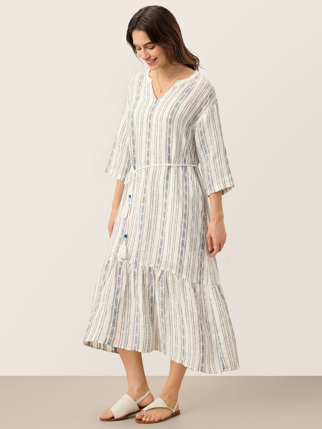 Linen Tribal Stripe Split Neck Bohemian Ruffle Maxi Dress with Woven Belt and Slip MARLOWE