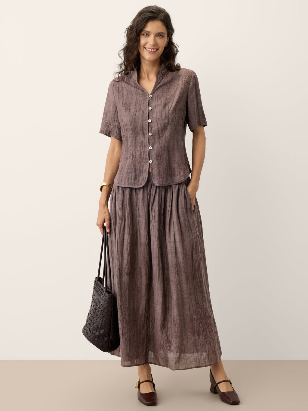Linen Textured Stand Collar Shirt Jacket PHILIPPA