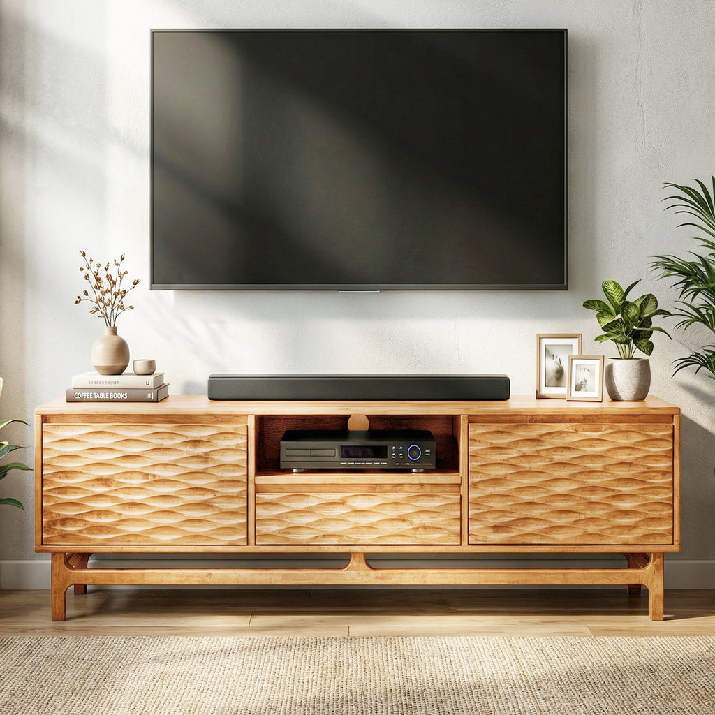 Acacia Elara Solid Wood TV Stand with Storage and Cable Management for TVs up to 80"