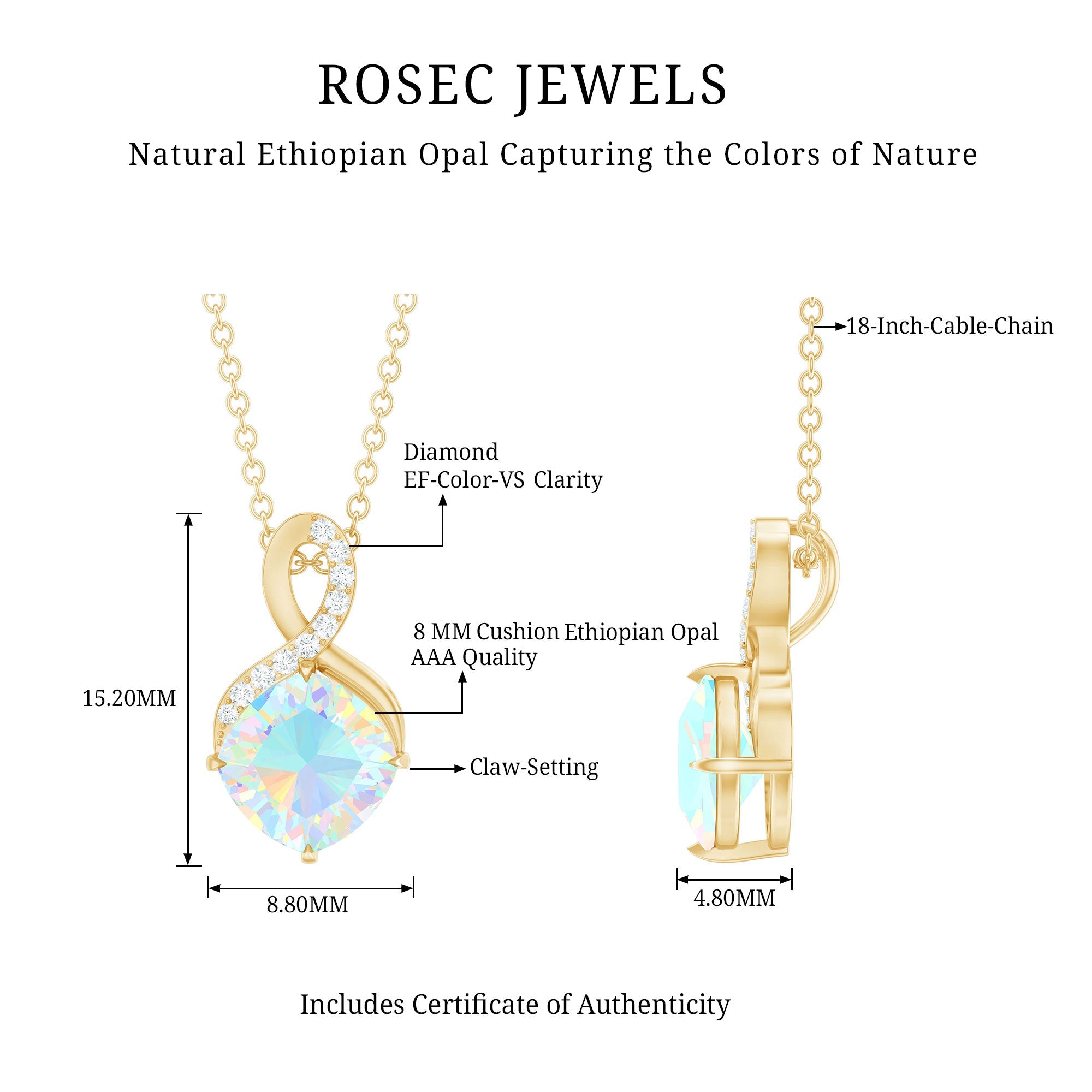 Cushion Cut Ethiopian Opal Infinity Necklace with Silver Chain